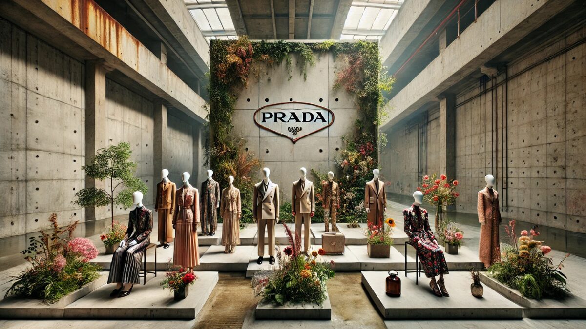 Here is a PRADA-inspired scene blending industrial architecture with vibrant floral elements, showcasing elegance and modern sophistication. 