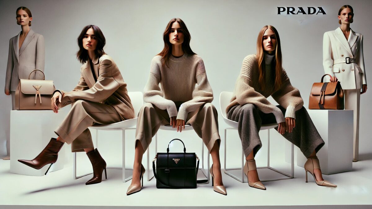 PRADAのバッグを持つ女性がイスに座っている様子