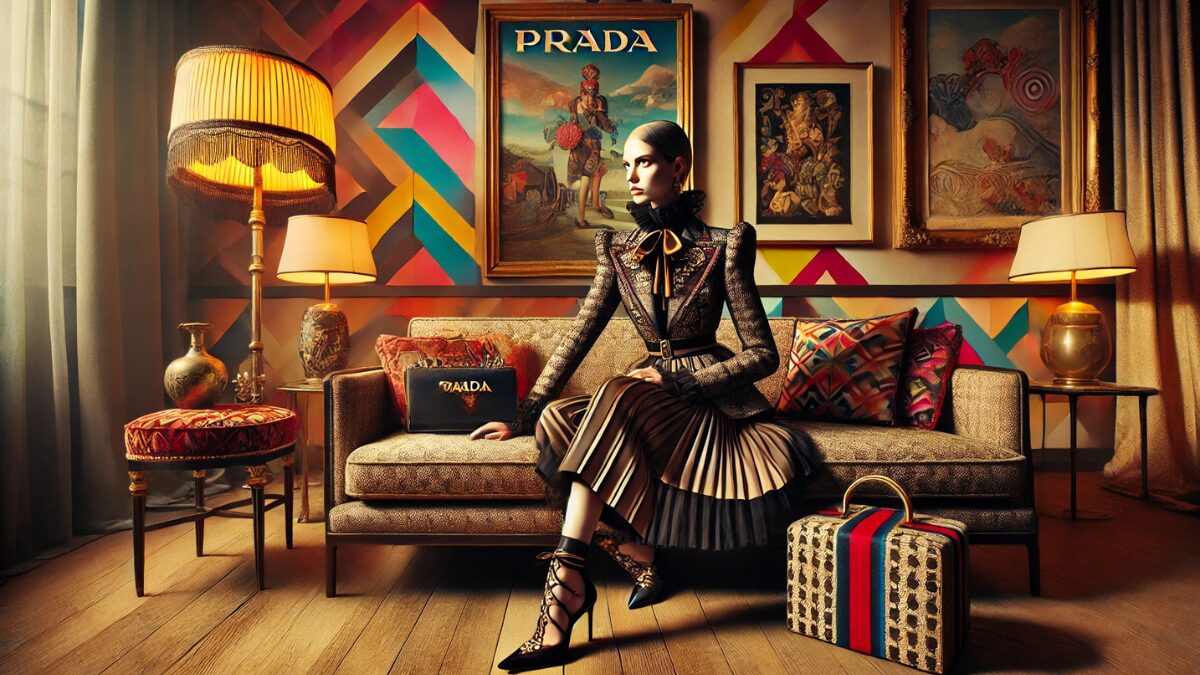 Here is a chic, PRADA-inspired scene radiating artistic elegance with bold geometric patterns and vintage-modern sophistication. 