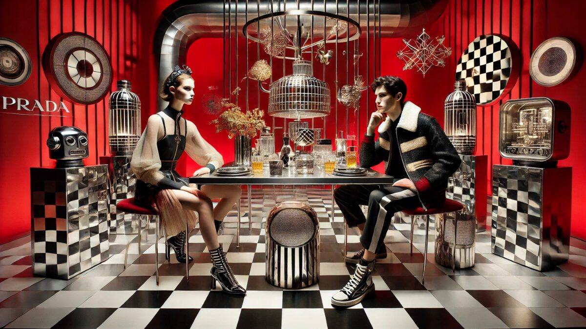 Here is a sophisticated PRADA-inspired scene with a bold red backdrop, a futuristic metallic table, and stylish, avant-garde fashion elements.