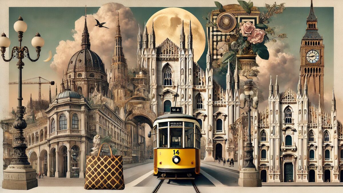 Here's a surreal interpretation inspired by the Serapian aesthetic, featuring iconic Milan landmarks, intricate architectural details, and elegant design elements. 