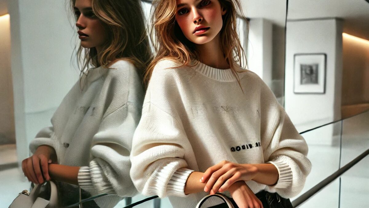 A stylish young woman leaning casually against a sleek glass railing, with her reflection visible on the glass surface. She is wearing a chic white sweater with bold text and holding a luxurious off-white leather handbag inspired by the Loewe Hammock Bag, featuring gold zipper details and a structured, minimalist design.