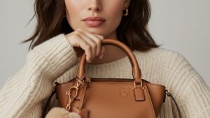 A close-up portrait of a woman with a natural and soft expression, wearing a cozy cream-colored knit sweater. She is holding a luxurious tan leather handbag inspired by the Loewe Hammock Bag, featuring gold zipper details and a structured design.