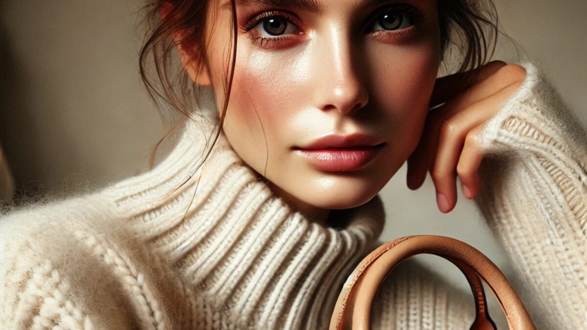 A close-up portrait of a woman with a natural and soft expression, wearing a cozy cream-colored knit sweater. She is holding a luxurious tan leather handbag inspired by the Loewe Hammock Bag, featuring gold zipper details and a structured design.