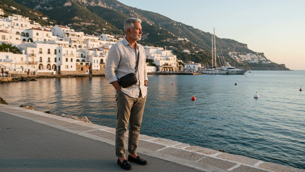 海沿いのリゾート地でリラックスした様子の50代男性