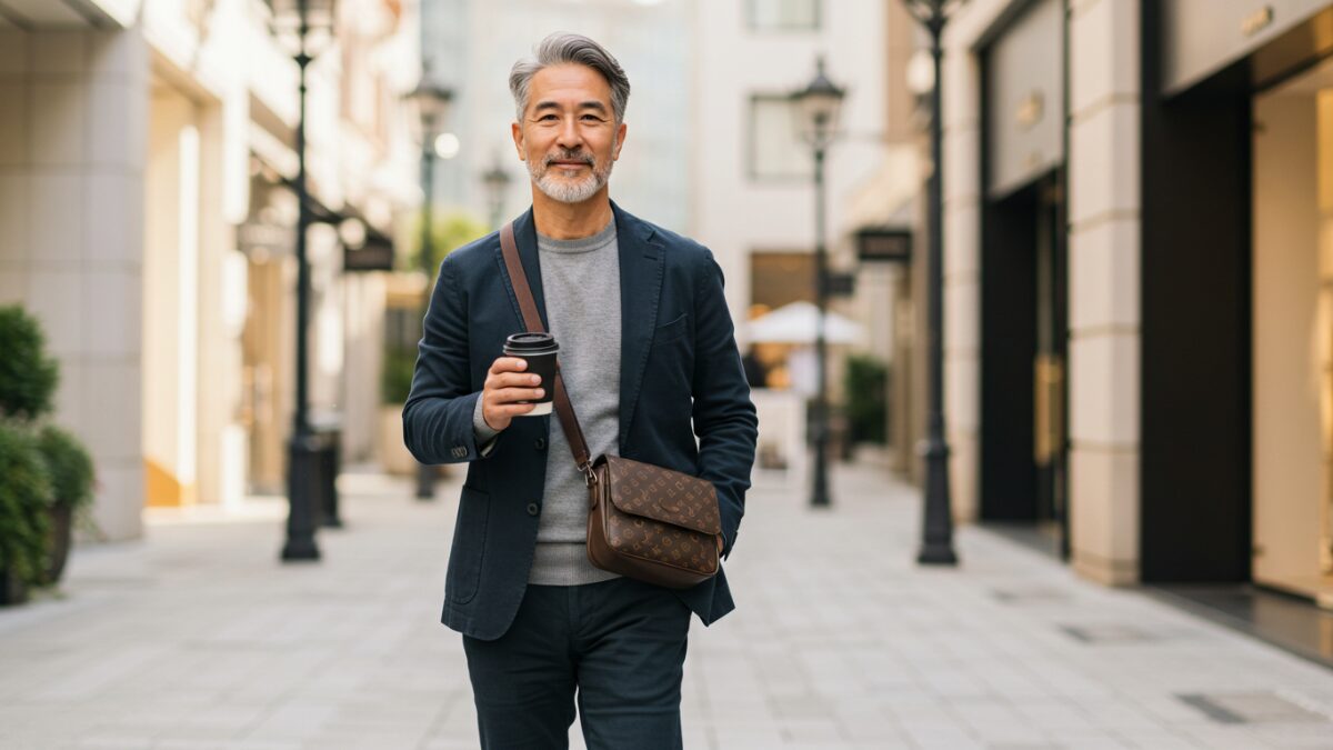 コーヒー片手に高級ショルダーバッグを斜め掛けしたスタイリッシュな50代男性のイメージ