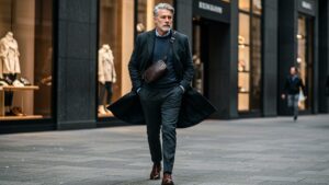 ロングコートを羽織り、風になびかせながら都会を歩く50代男性