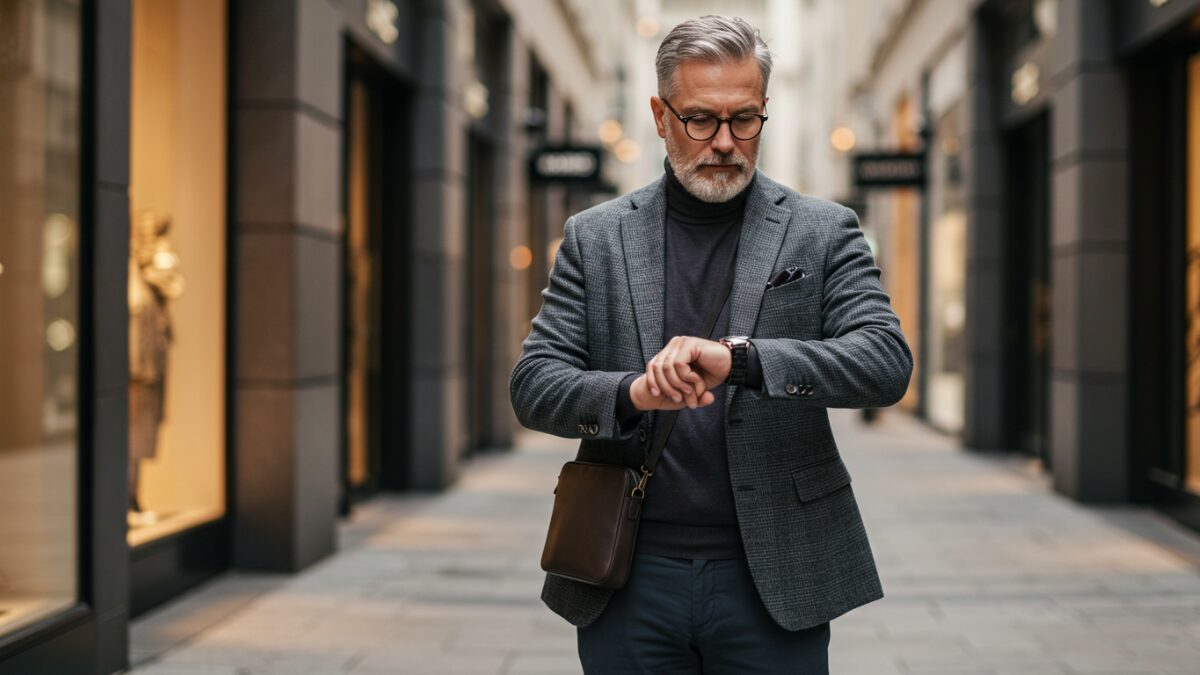 街角で腕時計をチェックする50代男性の様子