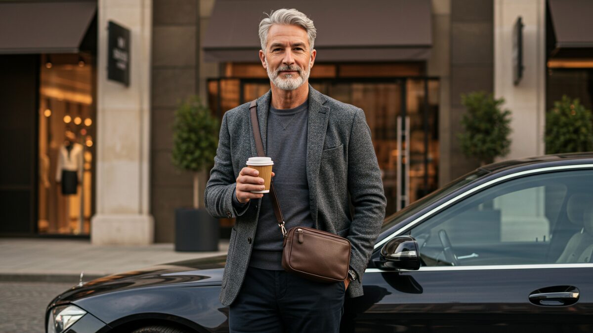高級車の横でカジュアルに立つ 。コーヒーを片手に持ちつつ、バッグをスマートに身につけている50代男性