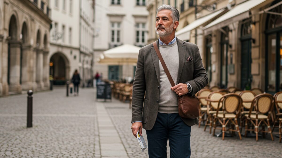 ヨーロッパの石畳の街を散策しながら観光する50代男性