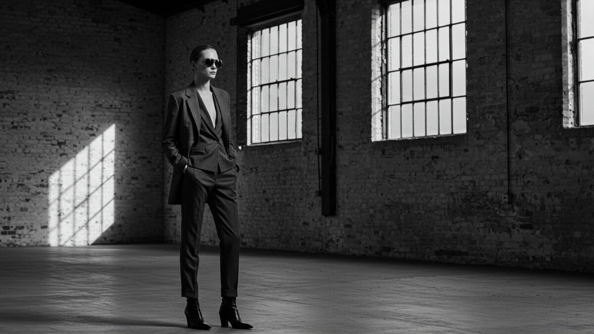 モノクロのハイファッション・エディトリアル写真。スタイリッシュなモデルが洗練されたデザイナー服を着て、工業的な雰囲気の倉庫に立っている。大きな窓や質感のあるレンガの壁が背景。モデルは自信に満ちたポーズをとり、サングラスとテーラードの服を着ており、モダンでミニマルなラグジュアリー感を演出。