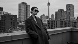 モノクロのハイファッション・エディトリアル写真。スタイリッシュなモデルがオーバーサイズのテーラードコートとサングラスを着用し、都会的なビル群を背景に屋上でポーズをとっている。モデルは欄干にもたれかかり、自信とエレガンスを感じさせる。