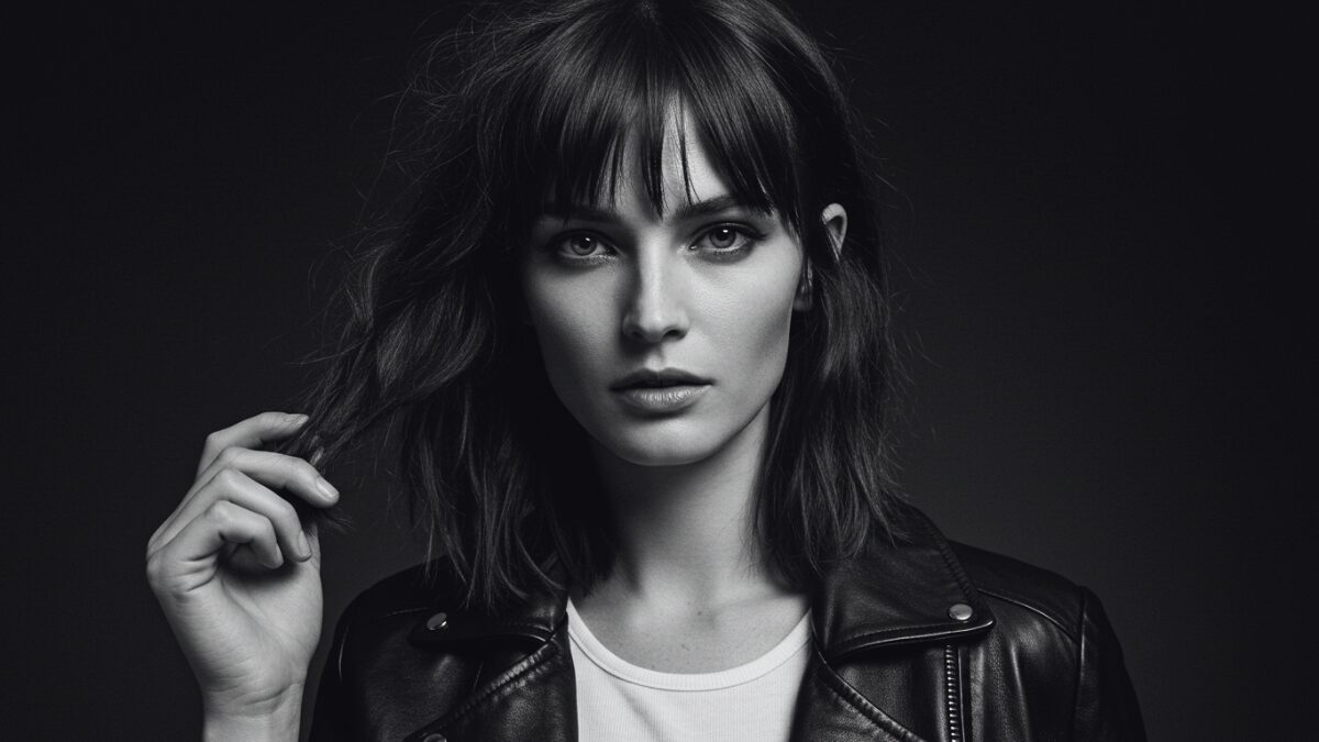 ハイファッションのモノクロエディトリアルポートレート。ぱっつん前髪とボリュームのある無造作ヘアのスタイリッシュな女性モデル。シンプルな白トップスの上に黒のレザージャケットを羽織り、ロックシックなエレガンスを演出。モデルは自信に満ちた鋭い視線でカメラを見つめ、髪の一部を手に取るポーズ。