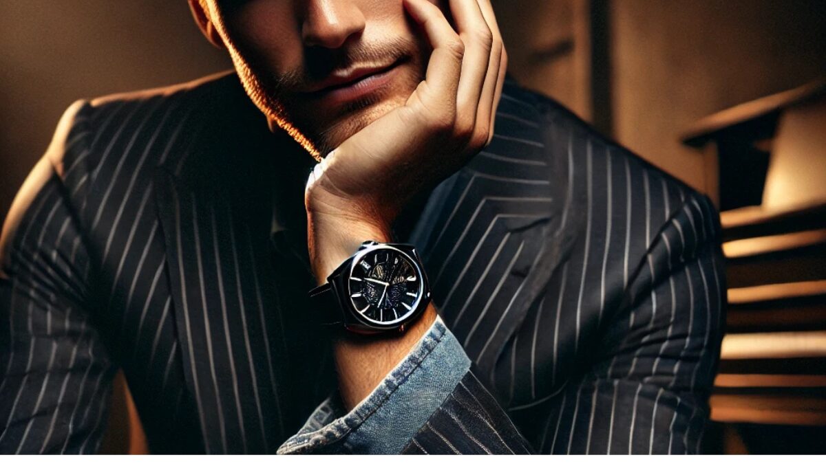 黒い腕時計をする男性