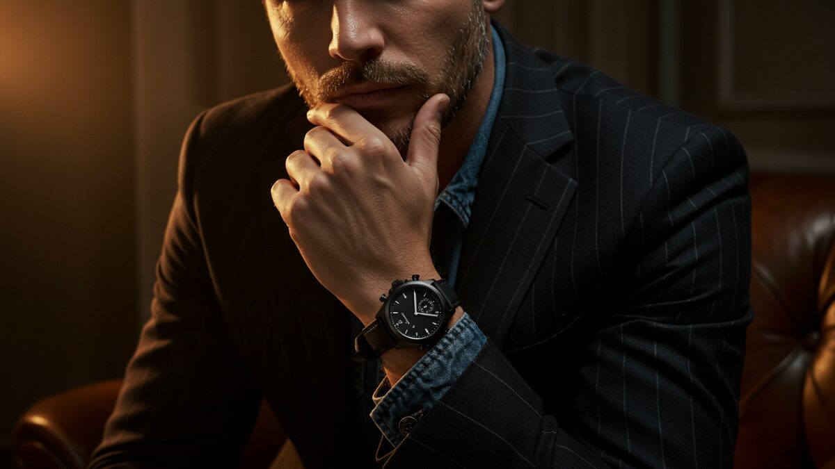 シックな雰囲気で、ドラマチックなライティングが特徴のスタイリッシュな男性