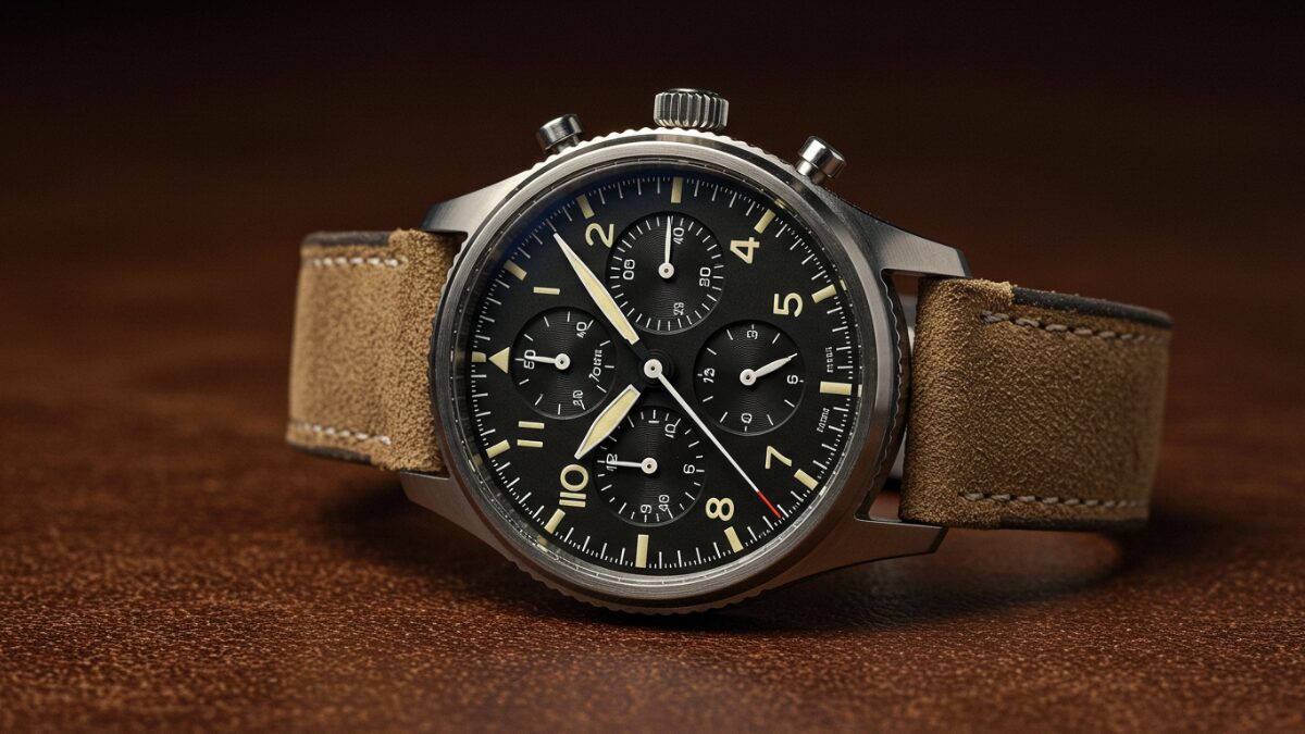 SINNのようなパイロットクロノグラフ風デザインと、ヴィンテージ感のあるレザーバックが特徴的