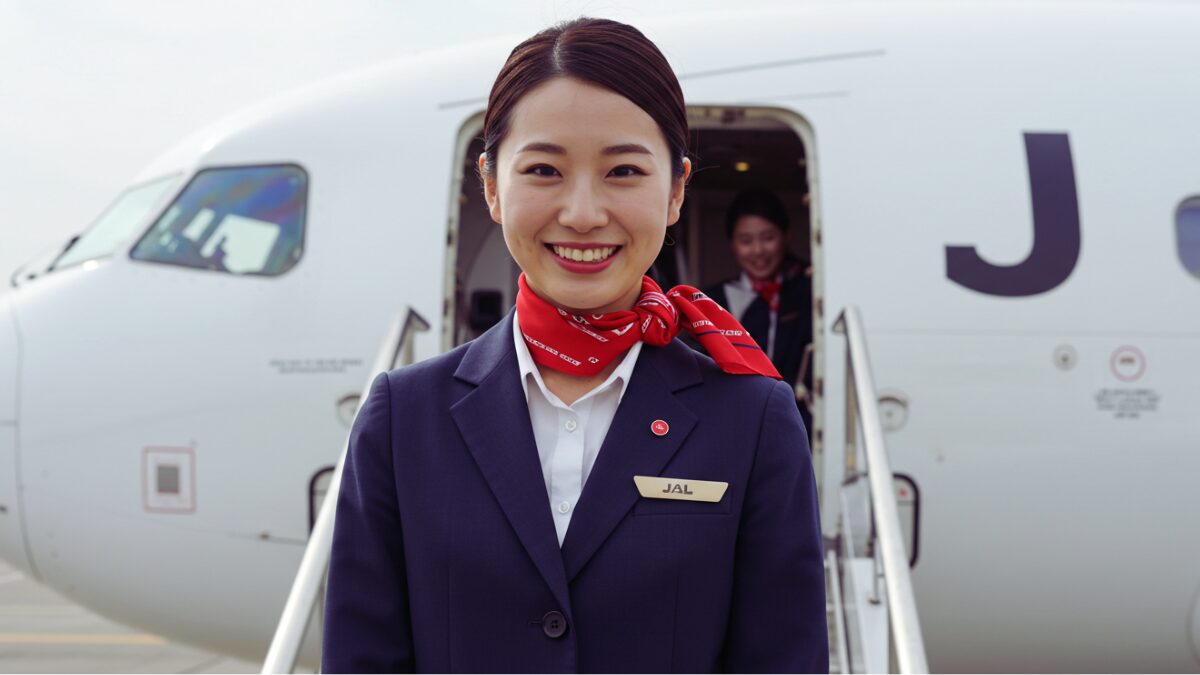 暖かな笑顔で乗客を迎える日本航空（JAL）の客室乗務員のイメージ画像。赤いスカーフ、紺のブレザー、整ったヘアスタイル。