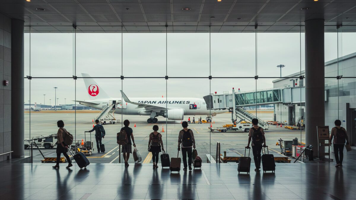 大きなガラス窓から日本航空（JAL）機が見える空港の搭乗ゲート。手荷物や旅券を持った乗客がボーディングブリッジに向かって歩いている。空港スタッフが旅行者をサポートし、活気がありながらも整理整頓された雰囲気。