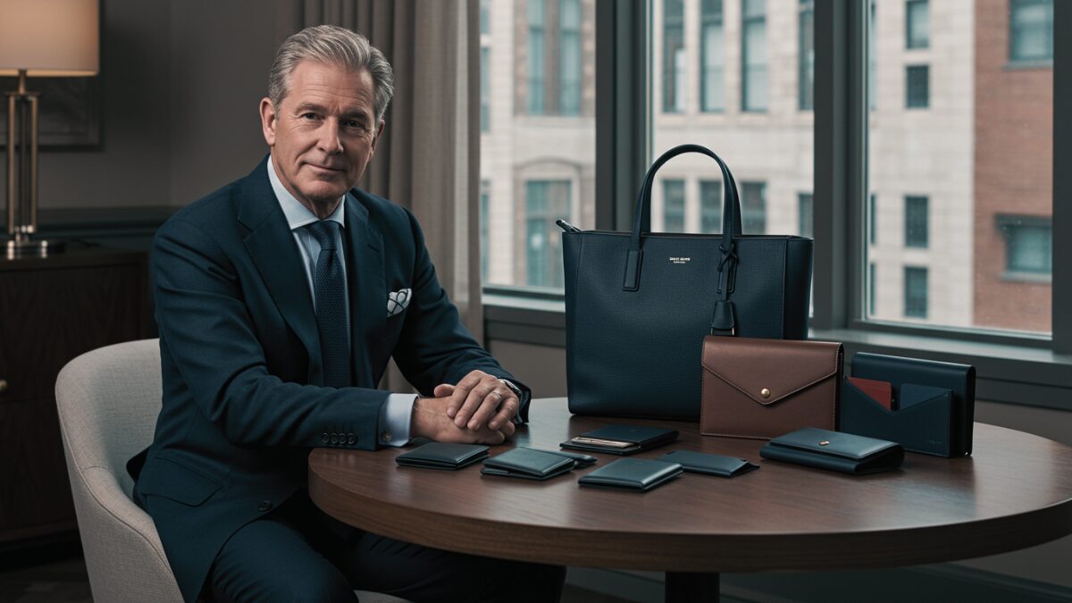イビーブルーのスーツを着た品格のある紳士が、エレガントなビジネス空間の丸テーブルに座っている。彼は自信に満ちた洗練された表情をしており、英国のクラフトマンシップの精神を体現している。テーブルの上には、高級なレザーグッズ（財布、カードホルダー、トートバッグ）が整然と並べられ、高級な職人技が際立つ。