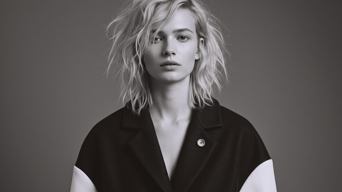 乱れたウェーブのかかったブロンドヘアのハイファッション・モデルのモノクロポートレート。繊細な顔立ち、明るい肌、穏やかでありながら強い表情を持つ、ミニマルでアンドロジナスなルックスのモデル。