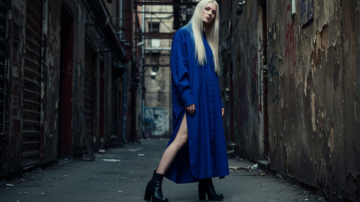 都会の路地でポーズをとる、プラチナブロンドのストレートロングヘアのハイファッション・モデル。モデルは流れるようなシルエットとサイドスリットの入ったオーバーサイズのロイヤルブルーの長袖ボタンアップドレスを着て、黒のチャンキーヒールのアンクルブーツを合わせている。
