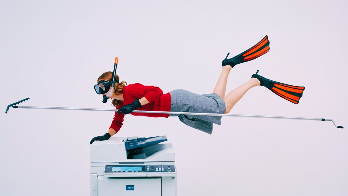 赤いセーターにグレーのスカート、黒い手袋をはめた女性が、オフィスの大型コピー機の上で泳いでいるようなシュールでユーモラスなシーン。