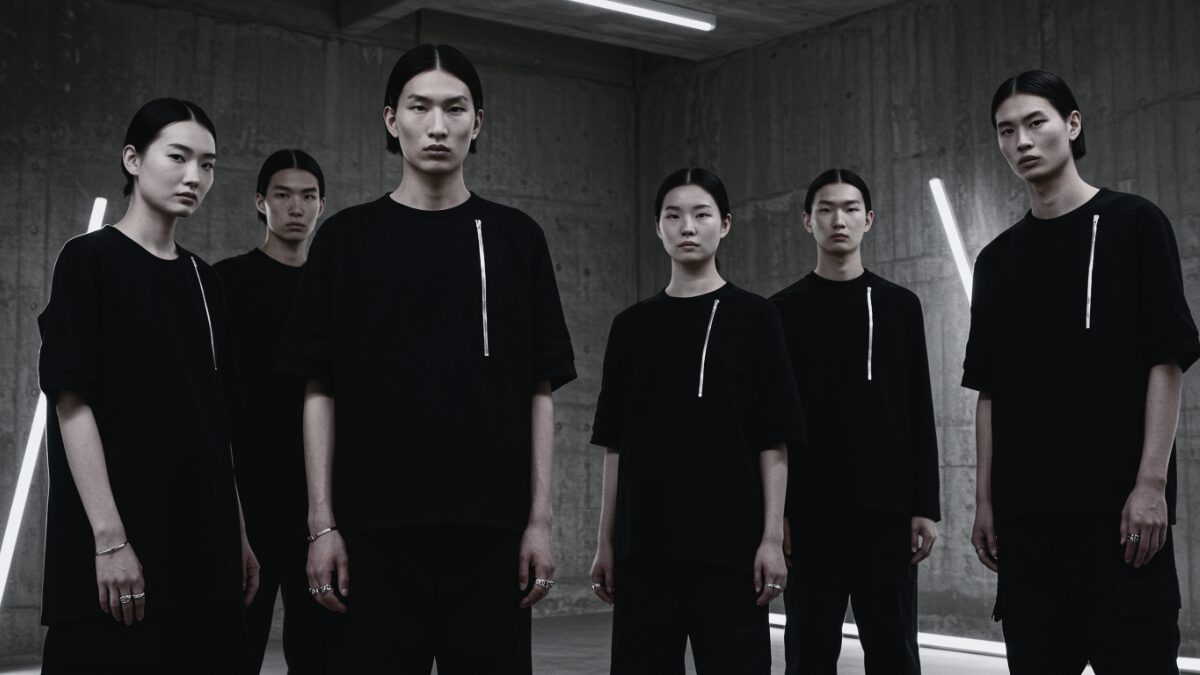 オールブラックのアヴァンギャルドなファッションに身を包んだスタイリッシュな5人のグループが、コンクリート打ちっぱなしの壁と洗練された照明のモダンでミニマルなインテリアの中に佇んでいる。