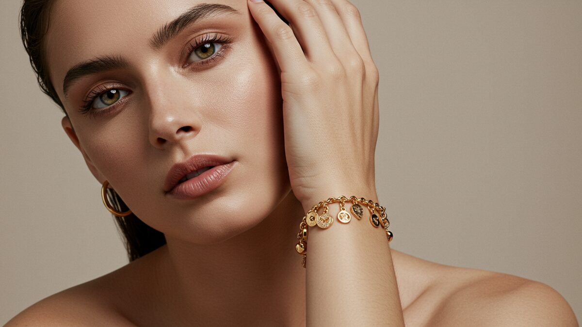 片手をそっと顔に添え、エレガントにポーズをとるスタイリッシュなモデルのハイファッションなクローズアップ・ポートレート。モデルは複雑なチャームのディテールが施されたラグジュアリーなゴールドのブレスレットを身につけ、洗練された雰囲気を醸し出している。