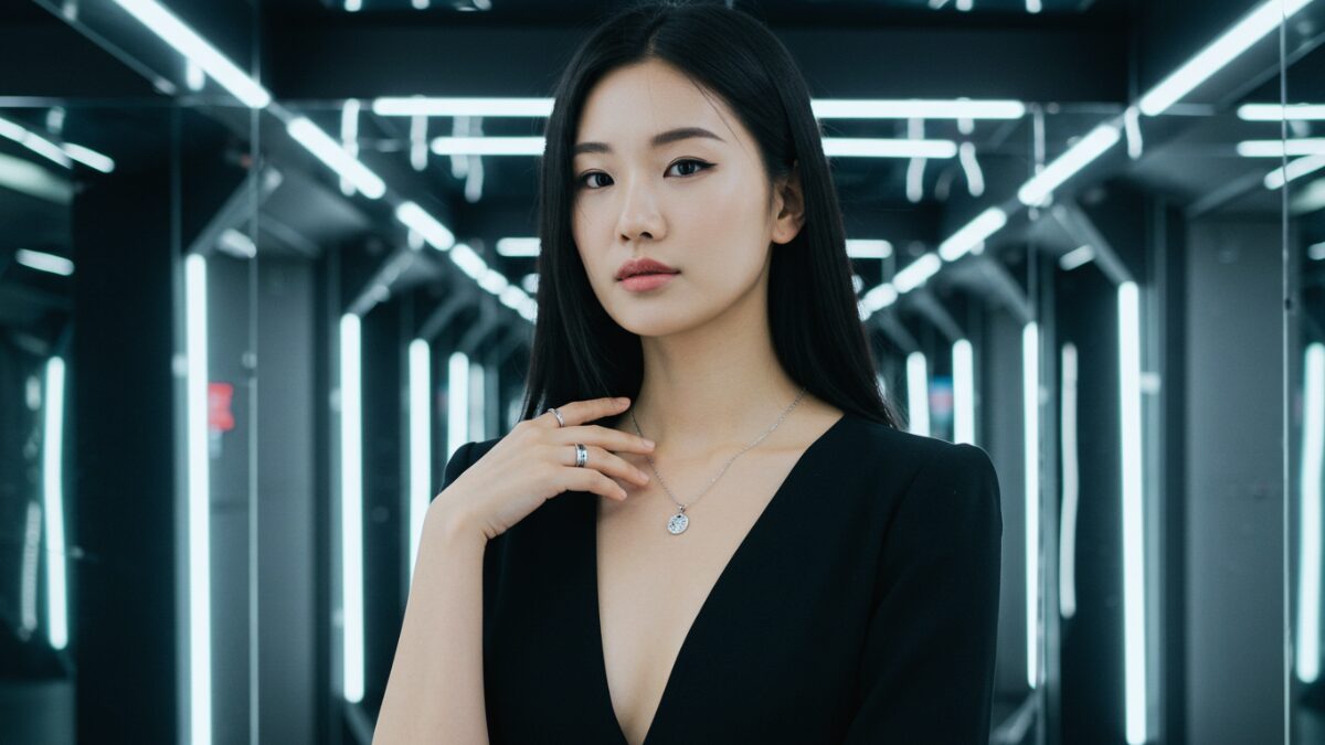 モダンでミニマルなファッションのポートレート。繊細なシルバーのペンダントネックレスと繊細な指輪でアクセサリーをつけ、エレガンスを醸し出している。