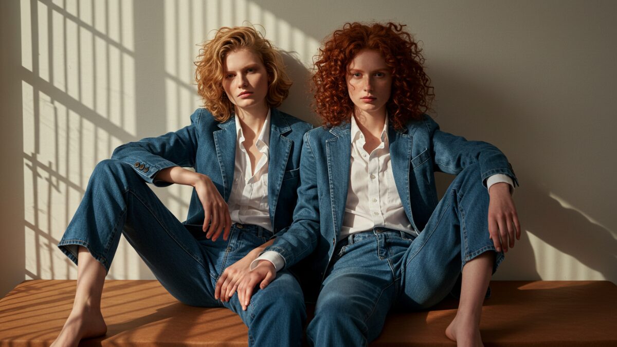 リラックスした自然なポーズで、中間色の壁を背に暖かみのある色調の表面に座っている2人の若いモデルのミニマルでファッション性の高いポートレート。