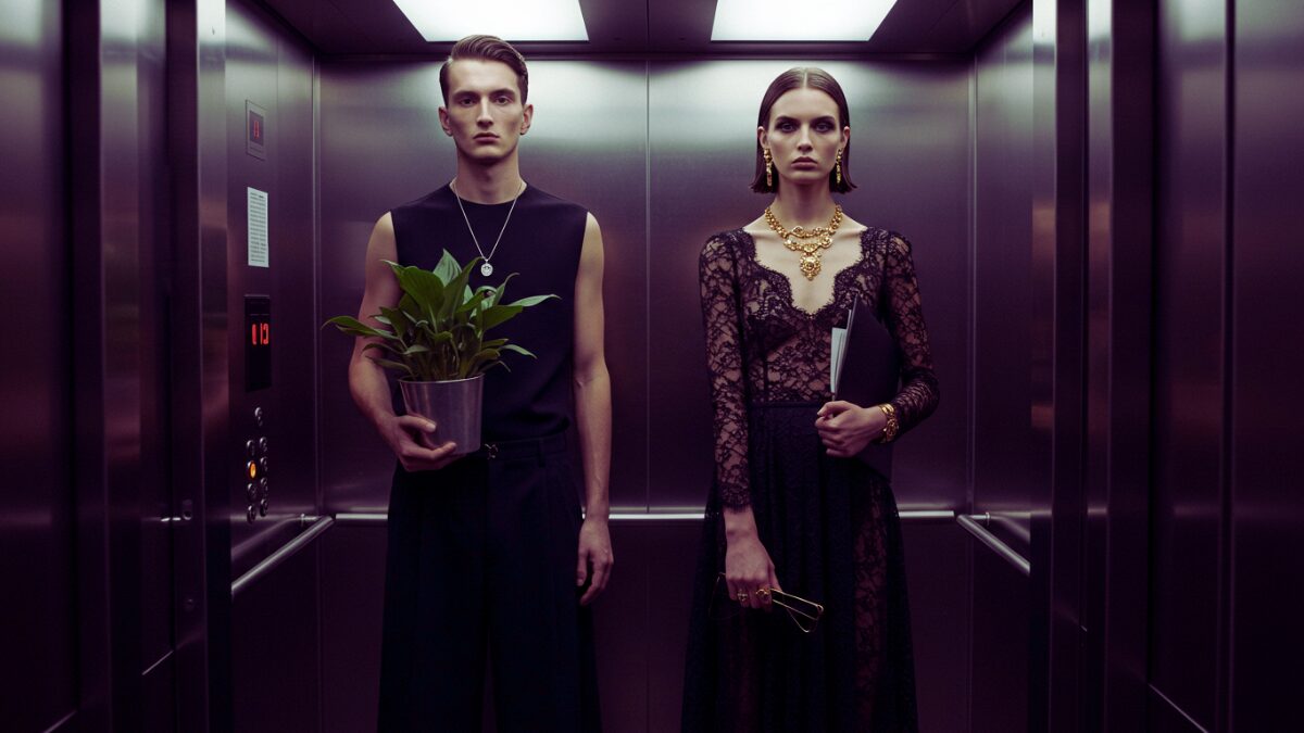 洗練されたメタリックなエレベーターの中に立つ男女のハイセンスでミニマルなポートレート。