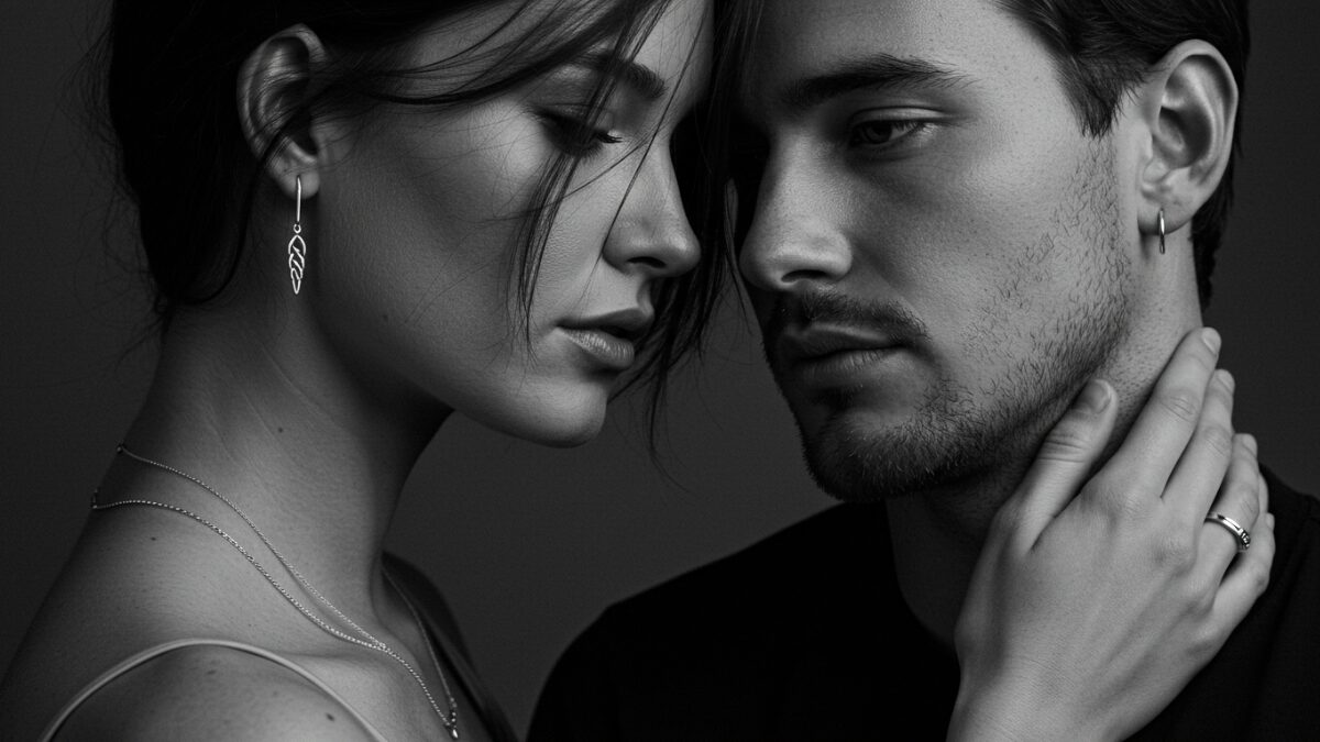 顔が触れ合いそうな親密なポーズの男女のクローズアップポートレート（モノクロ）。女性の髪がふんわりと顔にかかり、神秘的で芸術的なタッチを加えている。男性は穏やかで内省的な表情で身を乗り出している。2人とも、繊細なチェーンネックレスと繊細なイヤリングなど、ミニマルなシルバージュエリーを身に着けている。
