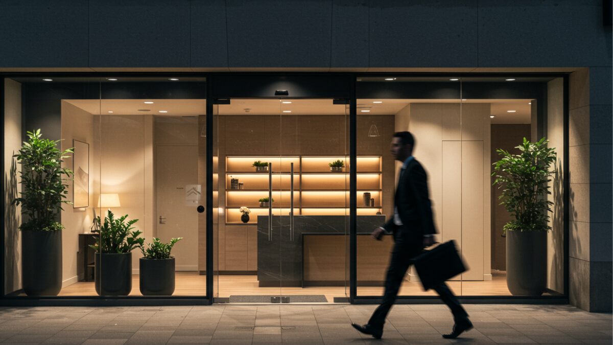 大きなガラス窓のある近代的なオフィスビルの前を颯爽と歩く黒いスーツ姿のビジネスマン。彼は洗練された黒い革のブリーフケースを持ち、その動きはわずかなぼかしでとらえられ、動きを伝えている。