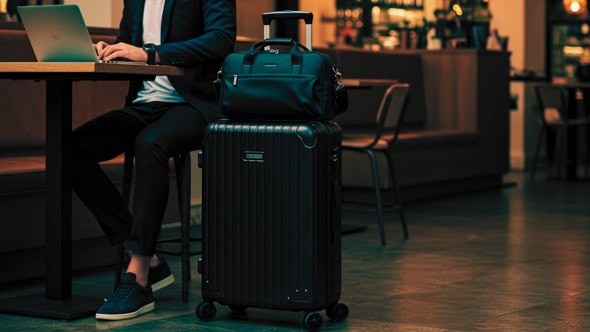 モダンなカフェで、ネイビーのスーツに白のTシャツ、ネイビーのスニーカーを合わせ、ハイテーブルで洗練されたノートパソコンに向かうスタイリッシュなビジネスマン。彼の横には、構造的なデザインとフロントポケットが特徴的な、4輪の高級ブラックローリングスーツケースが置かれている。