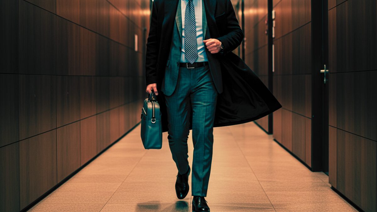 モダンなオフィスの廊下を自信たっぷりに歩くスタイリッシュなビジネスマン。右手には複数のコンパートメントと黒革のハンドルが付いたグレーの高級ビジネスブリーフケースを持っている。