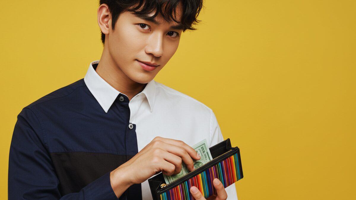 鮮やかな黄色を背景に、少しウェーブのかかった黒髪のショートヘアの青年がポーズをとっている。紺、黒、白の色調のスタイリッシュなカラーブロックのボタンアップシャツを着ている。虹色のストライプが印象的な長財布を開き、カードや紙幣をそっと取り出している。