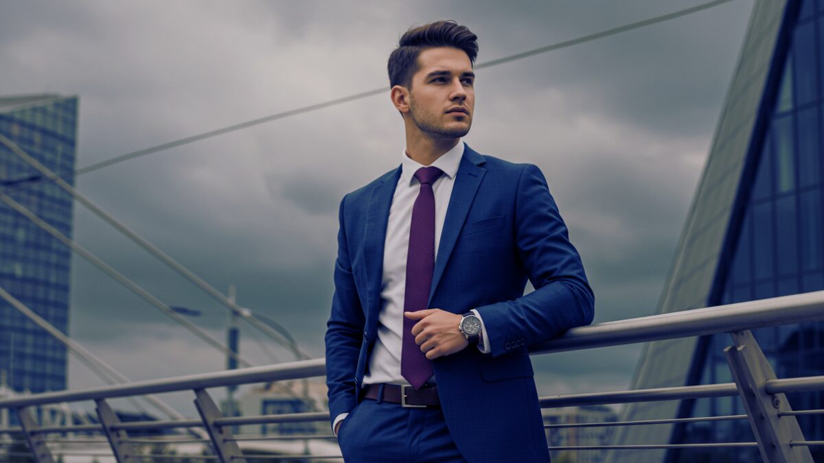 シャープな顔立ちに整った髪形の自信に満ちた若いビジネスマンが、近代的な都会の橋の上に立ち、金属製の手すりに寄りかかっている。
