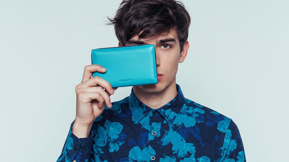 無地の白を背景に、少し乱れた黒髪のショートヘアの青年がポーズをとっている。ダークブルーをベースにティールとブラックの色合いでアーティスティックな花柄をあしらった、大胆でスタイリッシュなボタンアップシャツを着ている。片手にはターコイズブルーの革財布を持ち、顔の近くに置いている。