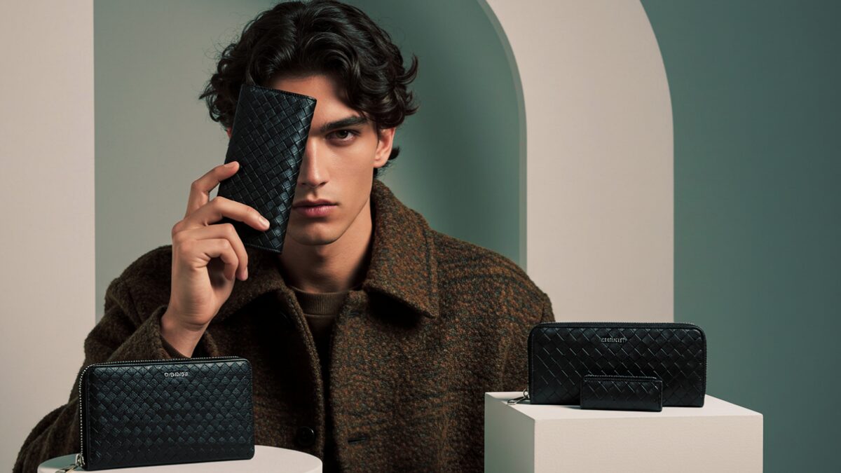 ウェーブのかかった黒髪のスタイリッシュな青年が、モダンでミニマルな空間でポーズをとっている。アースカラーの風合いのあるオーバーサイズのウールコートを着ている。彼は黒い編み込みレザーの財布を顔の近くに持っており、ジッパー付きの長財布やコンパクトな財布など、お揃いの財布が幾何学的な白い台座の上に飾られている。