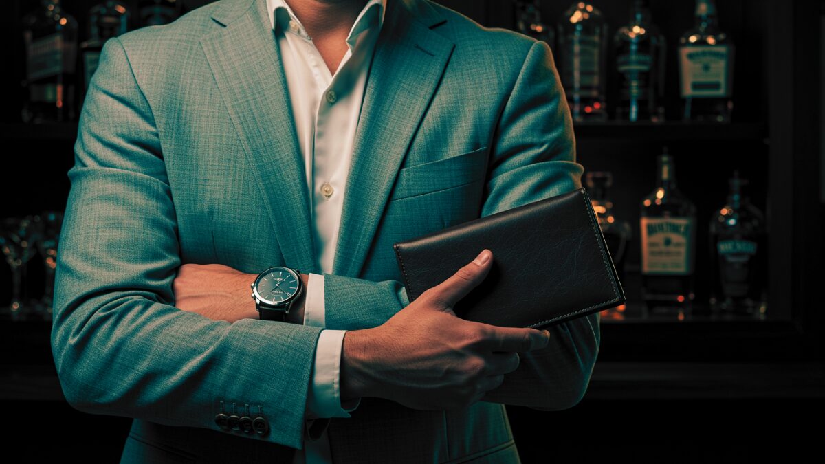 ライトグレーのテーラードスーツに白いドレスシャツを着た洗練された男性が、片手に高級感のあるブラウンレザーの長財布を持ち、自信に満ちたポーズをとっている。
