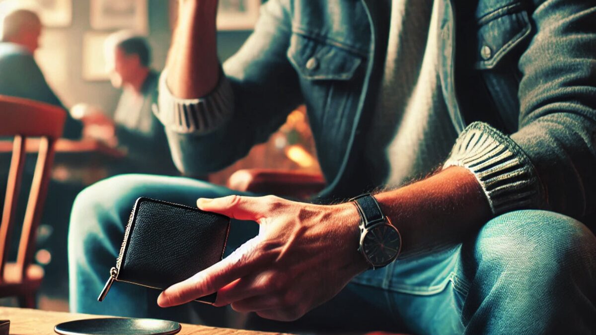 リラックスした雰囲気のカフェで、40代の男性がコンパクトなレザー財布を持ちながらコーヒーを楽しんでいるシーン