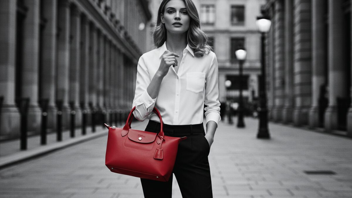 白のブラウスに黒のパンツ、あるいは洗練された黒のドレスなど、クラシックなモノクロームの服を着たスタイリッシュな女性が、鮮やかな赤のロンシャンのハンドバッグをエレガントに持っている。