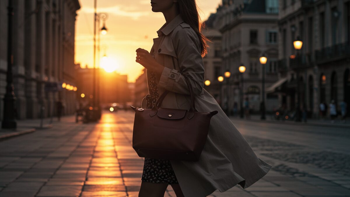 夕暮れ時のヨーロッパの街角を、ロンシャンのハンドバッグを片手に歩くスタイリッシュな女性。