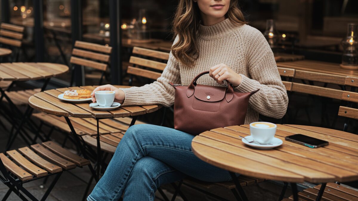 居心地の良いヨーロッパ風のカフェで、ロンシャンのハンドバッグをエレガントに持っているスタイリッシュな女性。