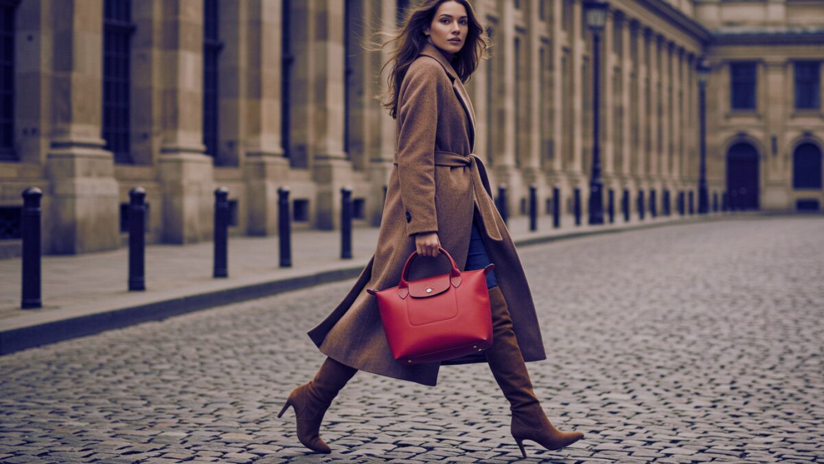 流れるようなロングコートにエレガントなブーツを履き、石畳の道を自信たっぷりに歩くスタイリッシュな女性。鮮やかな赤のロンシャンのハンドバッグを手に持っており、洗練された服装とのコントラストが美しい。