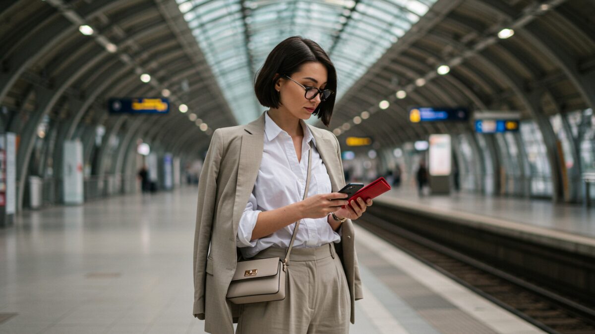 シャープなボブヘアの女性が、白いボタンアップシャツとハイウエストのベージュのパンツ、テーラードブレザーを身につけ、モダンな駅に立っている。彼女は小さなクロスボディバッグを肩にかけ、片手にはコンパクトな赤いレザーウォレットを持ちながらスマートフォンをチェックしている。