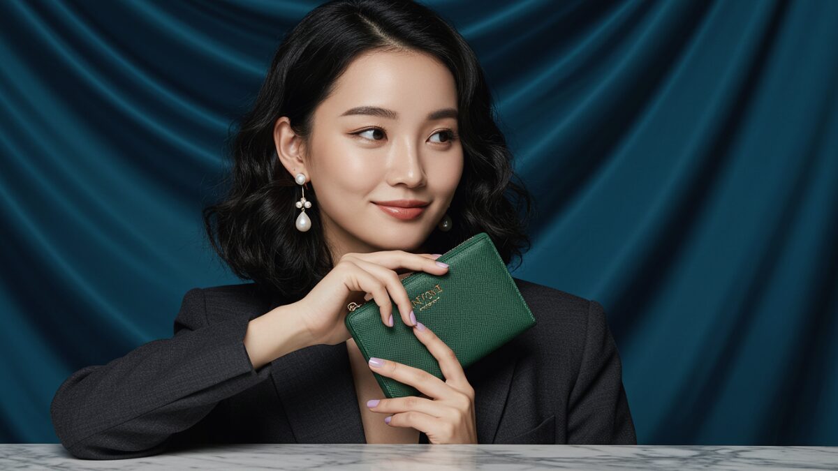 肩までのウェーブがかった黒髪のスタイリッシュな若い女性が、ダークグレーのブレザーとパールのアクセサリーを身につけている。