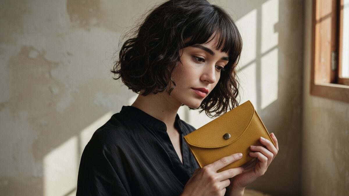 ショートのウェーブがかったダークブラウンの髪と前髪を持つ若い女性が、ゆったりとした黒のブラウスを着て、マスタードイエローのレザーウォレットを持っている。