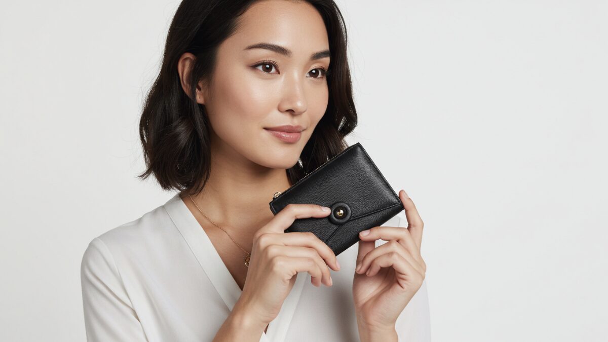 肩までのダークヘアの若い女性が、洗練された白いブラウスとミニマルなゴールドのネックレスを身につけている。彼女は、小さな黒のレザーウォレットを持ち、シンプルで上品なデザインが際立つ。