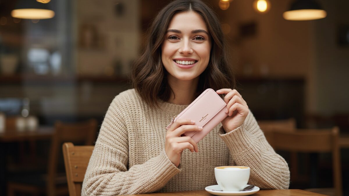 肩までのブラウンヘアの若い女性が、暖かみのあるベージュのセーターを着て、木製のカフェテーブルに座っている。彼女はパステルピンクのコンパクトな財布を手に持ち、穏やかに微笑んでいる。